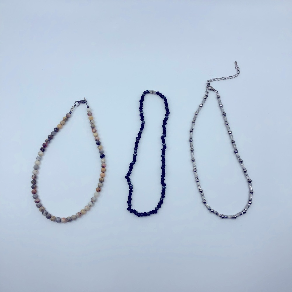 3 Necklaces: Polished Stone Beads, Hematite Beads, Steel Beads